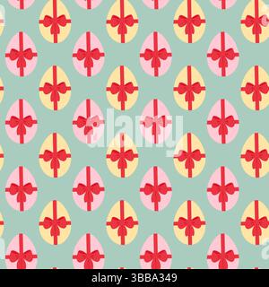 Pink and Blue colored Easter Eggs tied red ribbon bow Seamless Pattern on Trendy green Background. Vector illustration Easter Greeting Thematic Cards Backdrop Wallpaper Wrapping, promo banner, leaflet Stock Vector