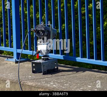 High tech monitoring system capturing real time data on a bridge, enhancing safety and efficiency for transportation while providing continuous survei Stock Photo