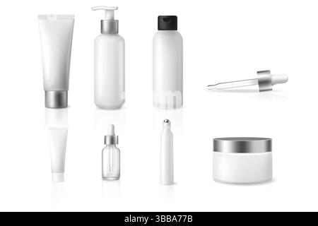 3D vector layout of blank cosmetic containers in realistic style, perfect for beauty branding and skincare product design concepts. Stock Vector