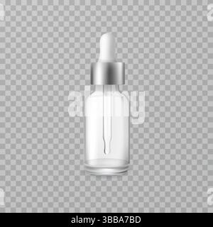 Clear glass dropper bottle in 3D vector style with metallic cap, perfect for serum and beauty oil cosmetic branding. Stock Vector