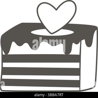Piece of cake with cream and heart-shaped decor. Sweet biscuit pastry. Black hand drawn silhouette of portioned dessert, vector element Stock Vector