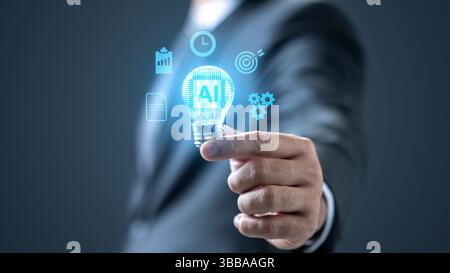 Businessman showing a light bulb with an AI symbol. Technology innovation on the virtual screen. Concept of AI or Artificial Intelligence Stock Photo