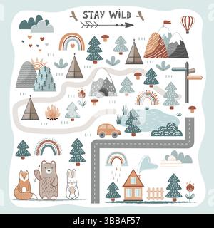 Cute nursery floor mat with adventure camping and animals. Vector illustration in Scandinavian style Stock Vector