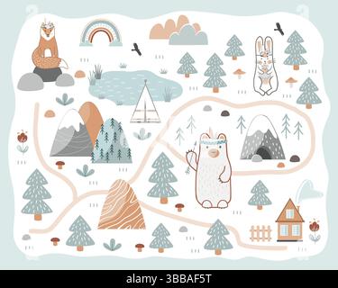 Cute nursery floor mat with adventure camping and animals. Vector illustration in Scandinavian style. Stock Vector