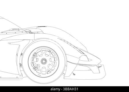 A car is drawn with a black outline and a white background. The car is a sports car with a large wheel and a sleek design. Scene is sleek and modern, Stock Vector