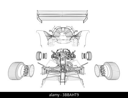 A drawing of a car engine with the parts labeled. The drawing is in black and white and the mood is serious and technical Stock Vector