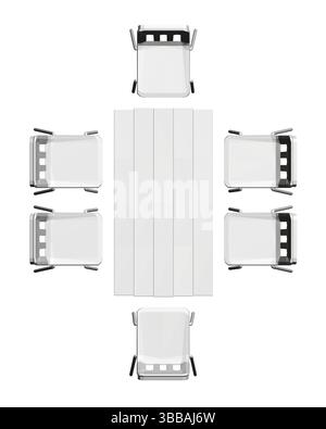 A white table with six chairs around it. The chairs are arranged in a circle around the table. Top view. 3D Stock Vector