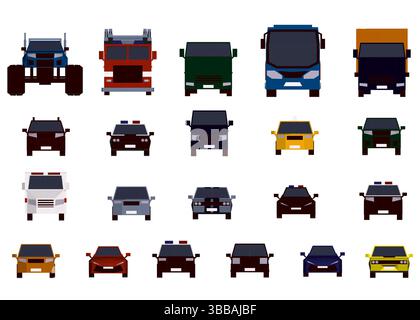 A collection of car models, including a police car, a truck, and a bus. The cars are all different sizes and colors, and they are all drawn in a styli Stock Vector