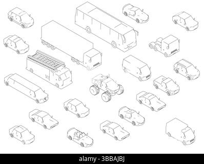 A drawing of a set with many cars and a truck. Vehicles are packed closely together. Isometric view Stock Vector