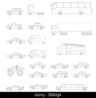 A series of drawings of different types of vehicles, including cars, trucks, and buses. The drawings are all in black and white and are labeled with t Stock Vector