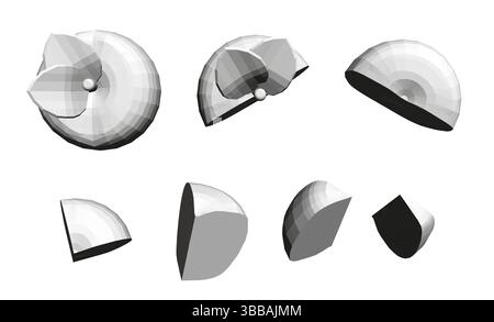 Apple that has been sliced into various sections. The design features clean lines, radial patterns, and shading to emphasize the internal structure an Stock Vector