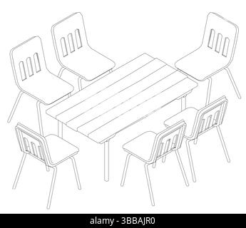 A drawing of a table with six chairs around it. The chairs are all lined up in a row, with the first chair on the left and the last one on the right. Stock Vector