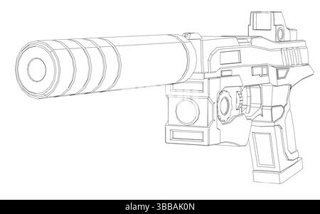A gun with a silencer on it. The gun contour is black Stock Vector