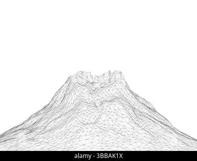 A detailed vector wireframe illustration of a majestic volcano, showcasing its rugged terrain and intricate geometric lines that highlight its natural Stock Vector