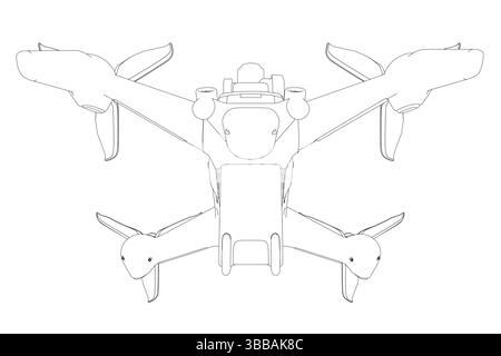 A black and white drawing of a quadcopter. The drawing is of a drone with four propellers and a camera. The drone is positioned in the center of the i Stock Vector