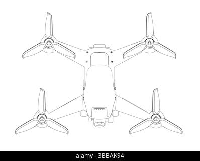 A drawing of a drone with four propellers. The drone is white and black Stock Vector