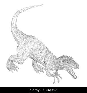 A large dinosaur is depicted in a black and white drawing. The dinosaur is shown in a running position, with its mouth open and its claws extended. Th Stock Vector