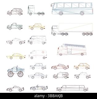 A collection of different types of vehicles, including cars, trucks, and buses. The vehicles are drawn in various styles and sizes, with some being mo Stock Vector