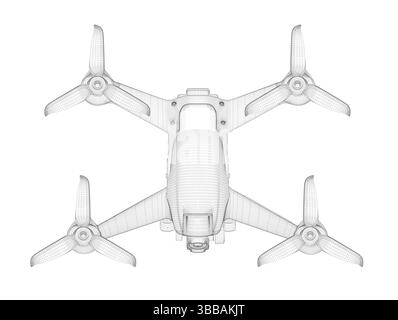 A drawing of a quadcopter with a camera on top. The quadcopter is black and white Stock Vector