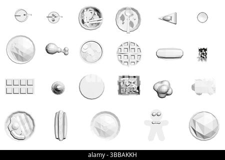 A collection of food items, including a waffle, a sandwich, a cookie, and a pizza. Top view Stock Vector