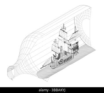 A ship is shown in a drawing with a bottle in the background. The ship is a large one and is surrounded by water. Bottle is placed in middle of the dr Stock Vector