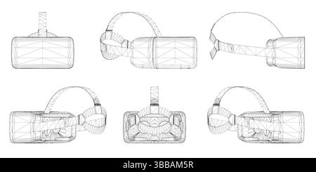 A series of drawings of a virtual reality headset. The drawings are all different angles and show the headset from various perspectives. The mood of t Stock Vector