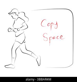 running woman with sport cap side view illustration vector hand drawn with black lines isolated on white background. Stock Vector