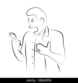 man using mobile phone with anger illustration vector hand drawn with black lines isolated on white background Stock Vector
