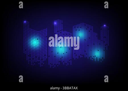 A high tech city skyline illustration composed of small glowing squares, creating a digital, futuristic feel with blue neon lighting on black Stock Vector