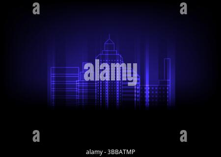 A sleek digital city skyline rendered in glowing blue neon outlines against a dark background, evoking a futuristic and high-tech urban vibe Stock Vector