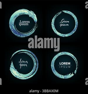 A set of four abstract water circle frames rendered in shades of blue and green. Abstract circles with natural brushstroke texture - frame design elem Stock Vector