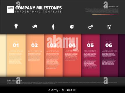 Modern vertical company milestones infographic template with 6 steps for timeline presentation. This business milestones infographic visualises proces Stock Vector