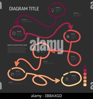 Visual process diagram illustrates a complex workflow with interconnected steps. The winding flow chart uses gradient arrows to show the path and flow Stock Vector
