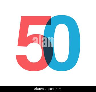 Overlapping red and blue 50 digits with transparent effect, evokes modernity, joy, energy. Anniversary number design for branding, event graphics Stock Vector