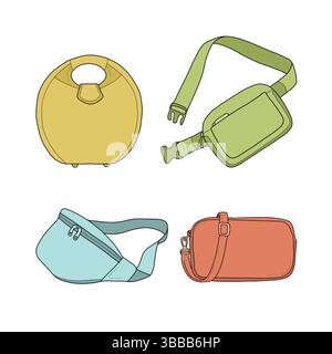 Set of colorful summer bags. Vector illustration of trendy handbags, crossbody bags, and belt bags. Stylish accessories for travel, vacation, and Stock Vector
