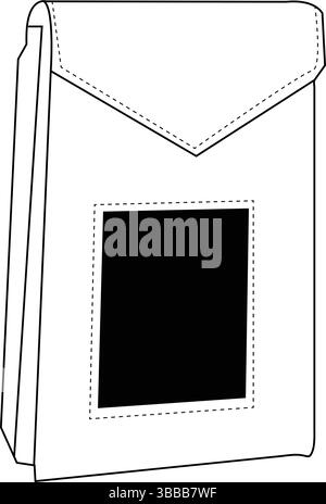 Paper Packaging Bag with Triangular Flap and Centered Label | Technical Packaging Illustration | Flat Template CAD | Angled 3D View Stock Vector