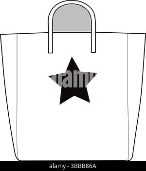 White Tote Bag with Black Star Print and Top Handles | Technical Fashion Illustration | Flat Bag Template CAD | Front View Stock Vector