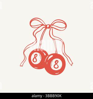 Number eight billiard ball in girly cherry style. Whimsical coquette drawing with cute ribbon bow. Pool 8 sphere. Aesthetic minimalist art vector illu Stock Vector