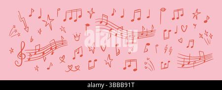Romantic pink pastel music background. Hand drawn doodle notes and love music song tune. Wedding, bachelorette party, Valentines day, girly birthday c Stock Vector