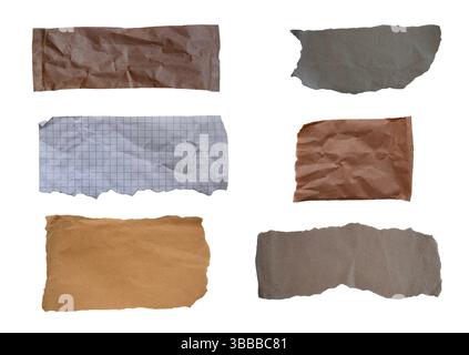A set of old torn paper sheets. Crumpled paper sheets of different colors and types for a copy. Stock Photo