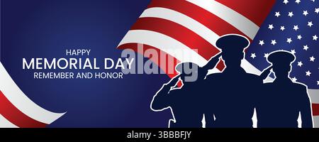 Happy Memorial Day Banner, Silhouettes of Saluting Soldiers, Under Waving American Flags Tribute Design Stock Vector