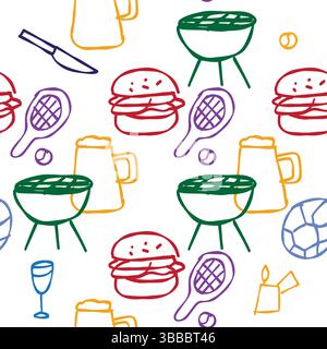 Seamless pattern with barbecue, sports, and beverage icons Stock Vector