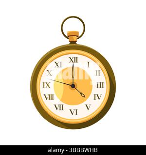 Retro round mechanical pocket watch. Vector classic analog timepiece with roman numbers on dial or clockface. Precision and time item icon. Vintage accessory for timekeeping. Portable timepiece. Stock Vector