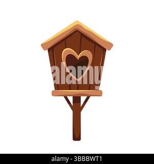 Vector clipart of wooden birdhouse. Nesting shelter or startling box for garden, backyard environment. Home with heart entry hole, wood house for flying animal. Handmade feeder for yard. Aviary fauna. Stock Vector