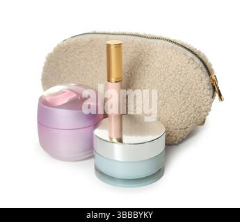 Cosmetic products and bag isolated on white Stock Photo