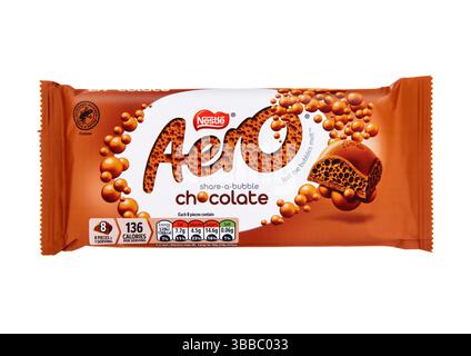 LONDON, UK - DECEMBER  01, 2024: Aero milk chocolate bar on white isolated background.Feel the bubbles melt. Stock Photo
