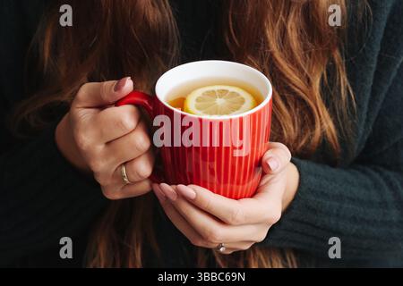 Hot lemon tea in mug. Red ceramic cup with drink. Female hands holding beverage. Fresh lemon slice in tea. Cozy winter morning warm drink background. Stock Photo