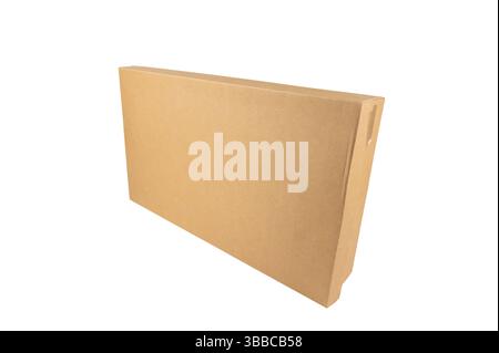 A flat, rectangular cardboard box stands upright at an angle. Ideal for shipping documents or narrow products. Cardboard boxes isolated on white backg Stock Photo
