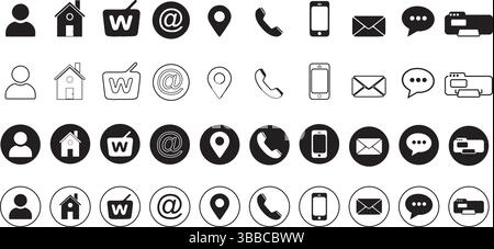 Black Icon Set on White Background – User, Contact, Location, Mobile, and Web Communication Symbols Stock Vector