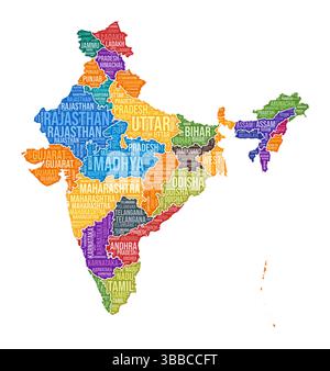 India shape. Country word cloud with state division. India colored illustration. State names cloud. Vector illustration. Stock Vector